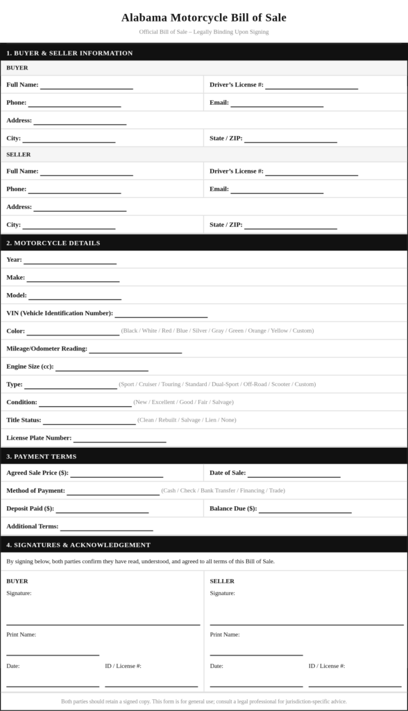 Alabama Motorcycle Bill of Sale