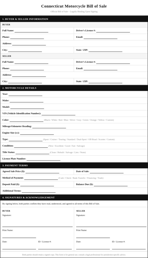 Connecticut Motorcycle Bill of Sale