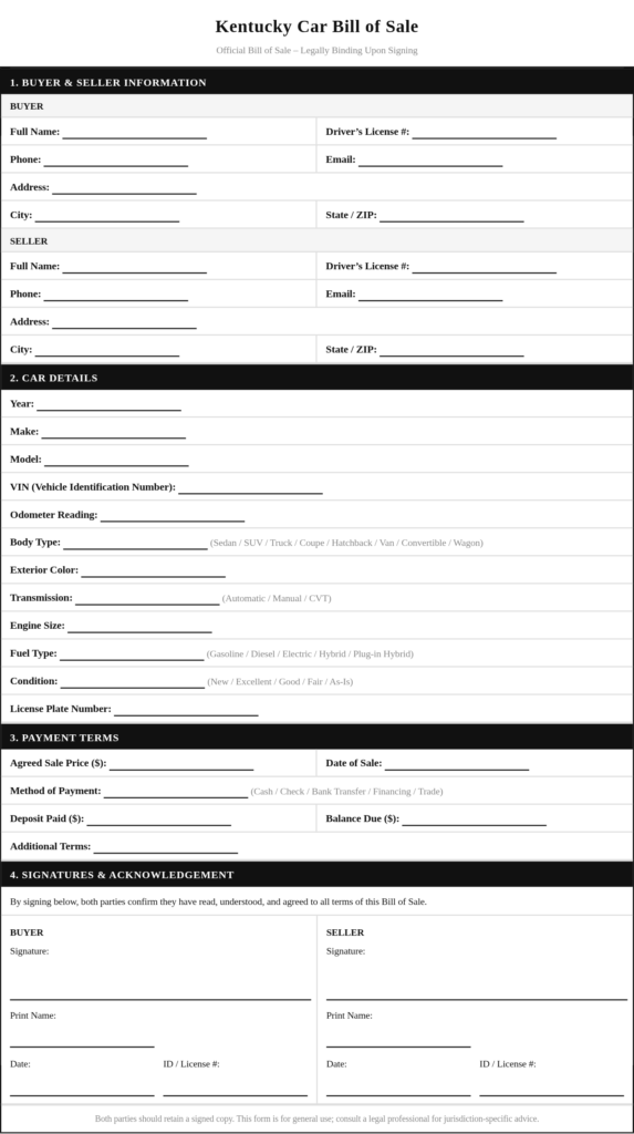 Kentucky Car Bill of Sale