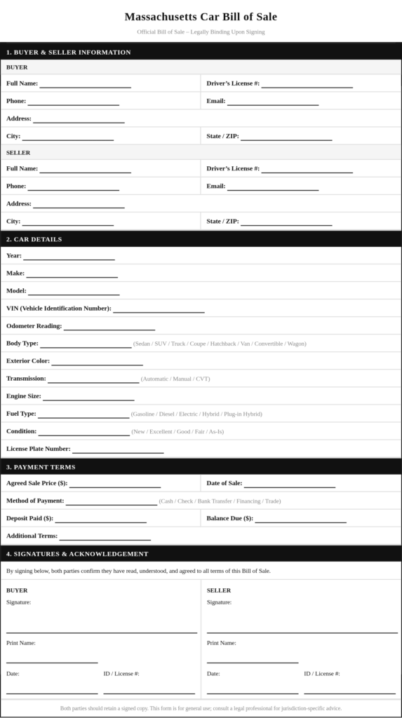 Massachusetts Car Bill of Sale