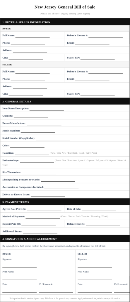 New Jersey General Bill of Sale